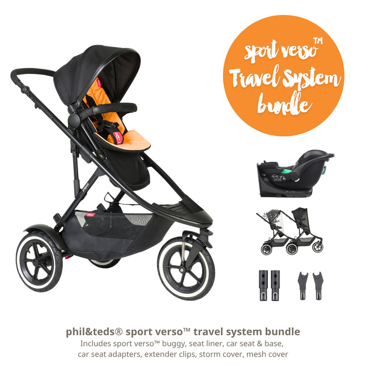Phil&teds sport verso travel system bundle with stroller, car seat, and accessories on a white background.