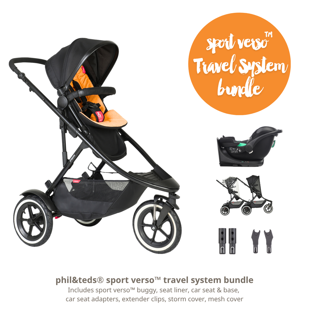 Phil&teds sport verso travel system bundle with stroller, car seat, and accessories on a white background.
