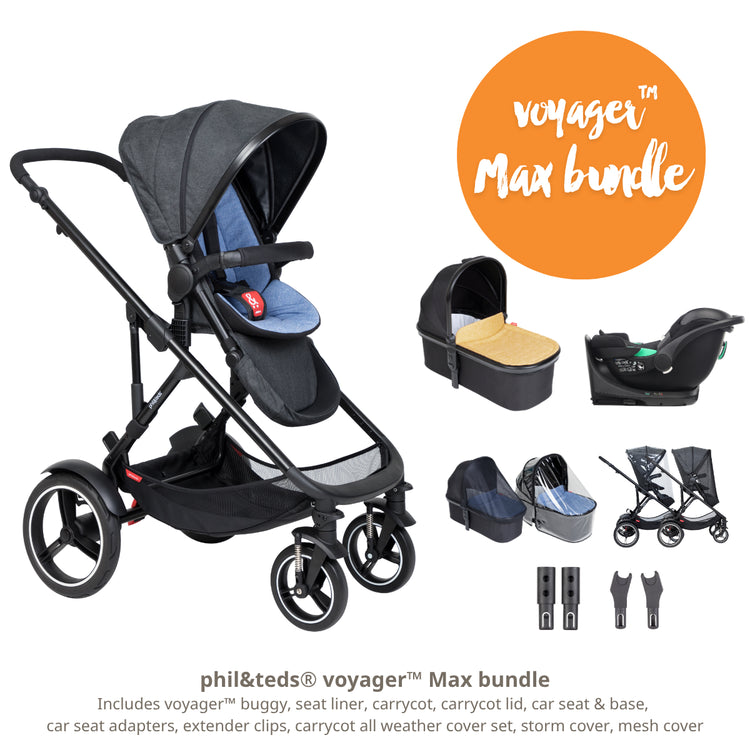 Phil&teds Voyager Max bundle with stroller, car seat, and accessories on a white background