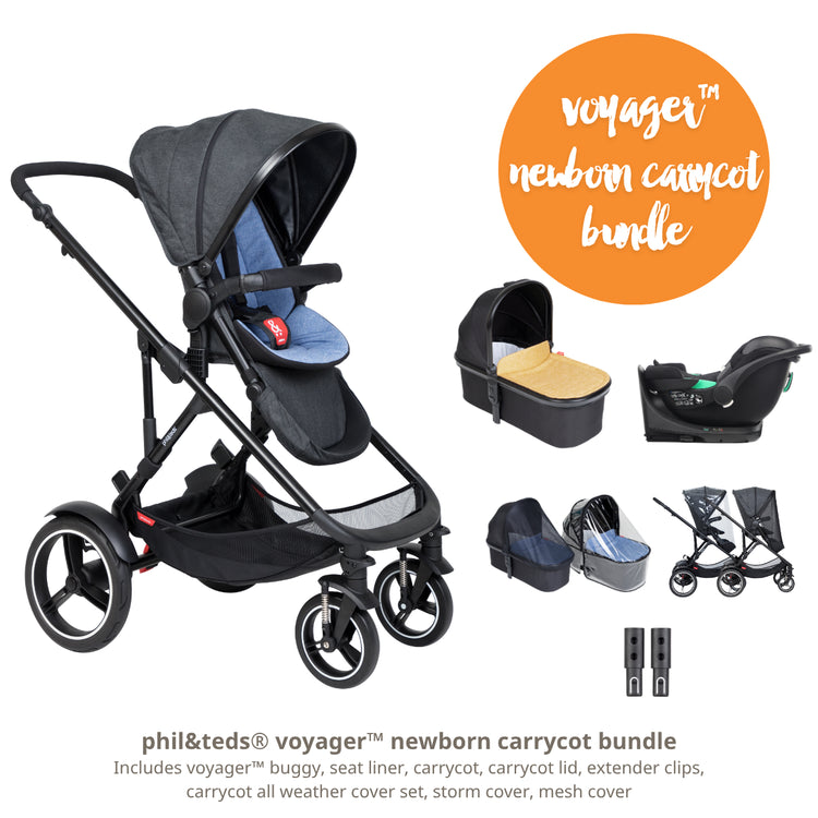 Phil&teds Voyager newborn carrycot bundle with stroller and accessories on a white background