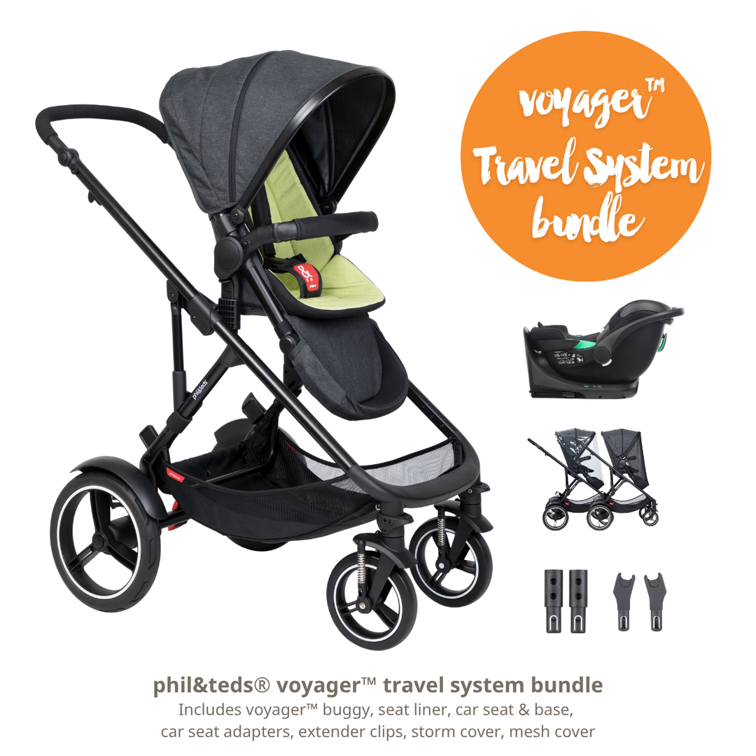 Phil&teds Voyager travel system bundle with stroller, car seat, and accessories on a white background.