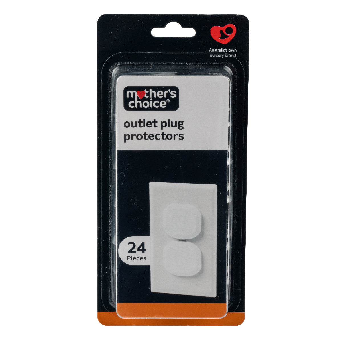 Pack of Mother's Choice outlet plug protectors with 24 pieces on a white background