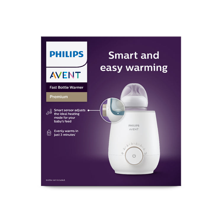Philips Avent fast bottle warmer packaging with product image on a purple background