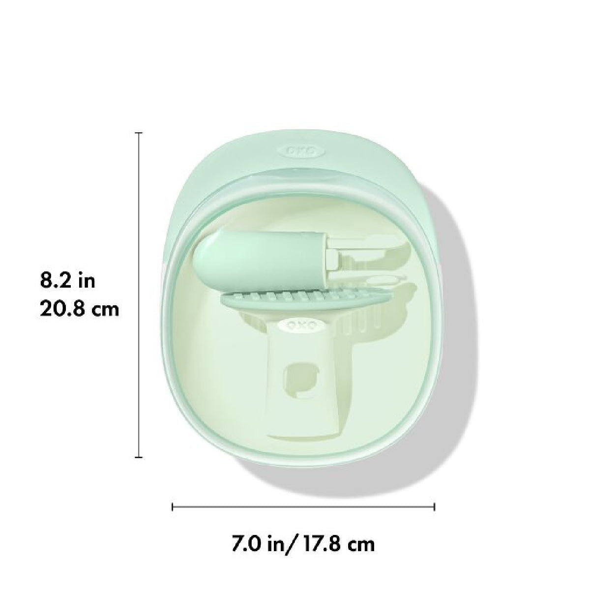 Mint green baby product with dimensions labeled on a white background