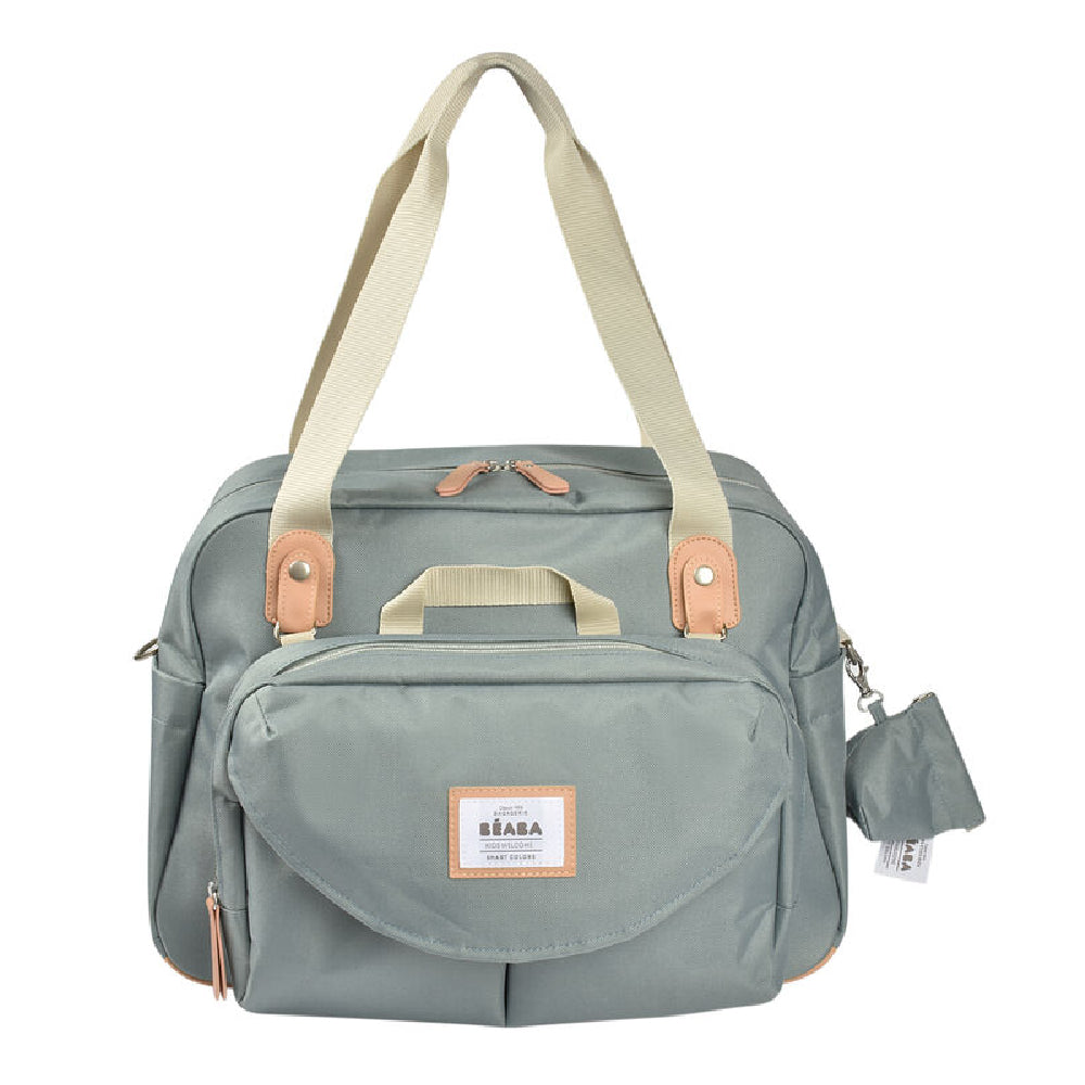 Gray bag with beige straps on a white background