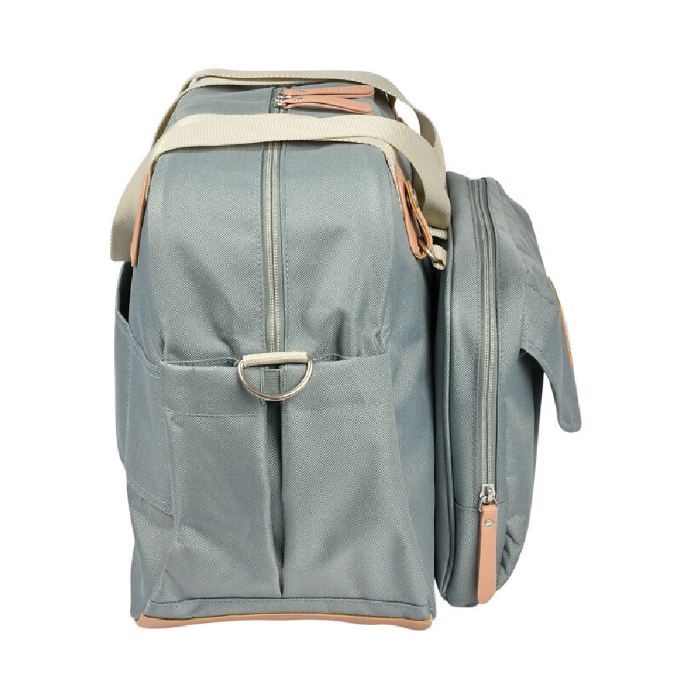 Gray backpack with beige accents on a white background