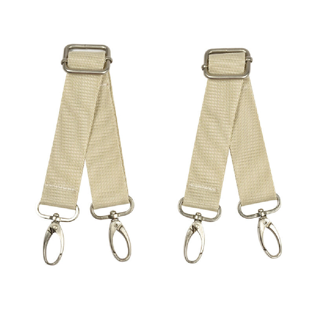 Two beige straps with metal hooks on a white background