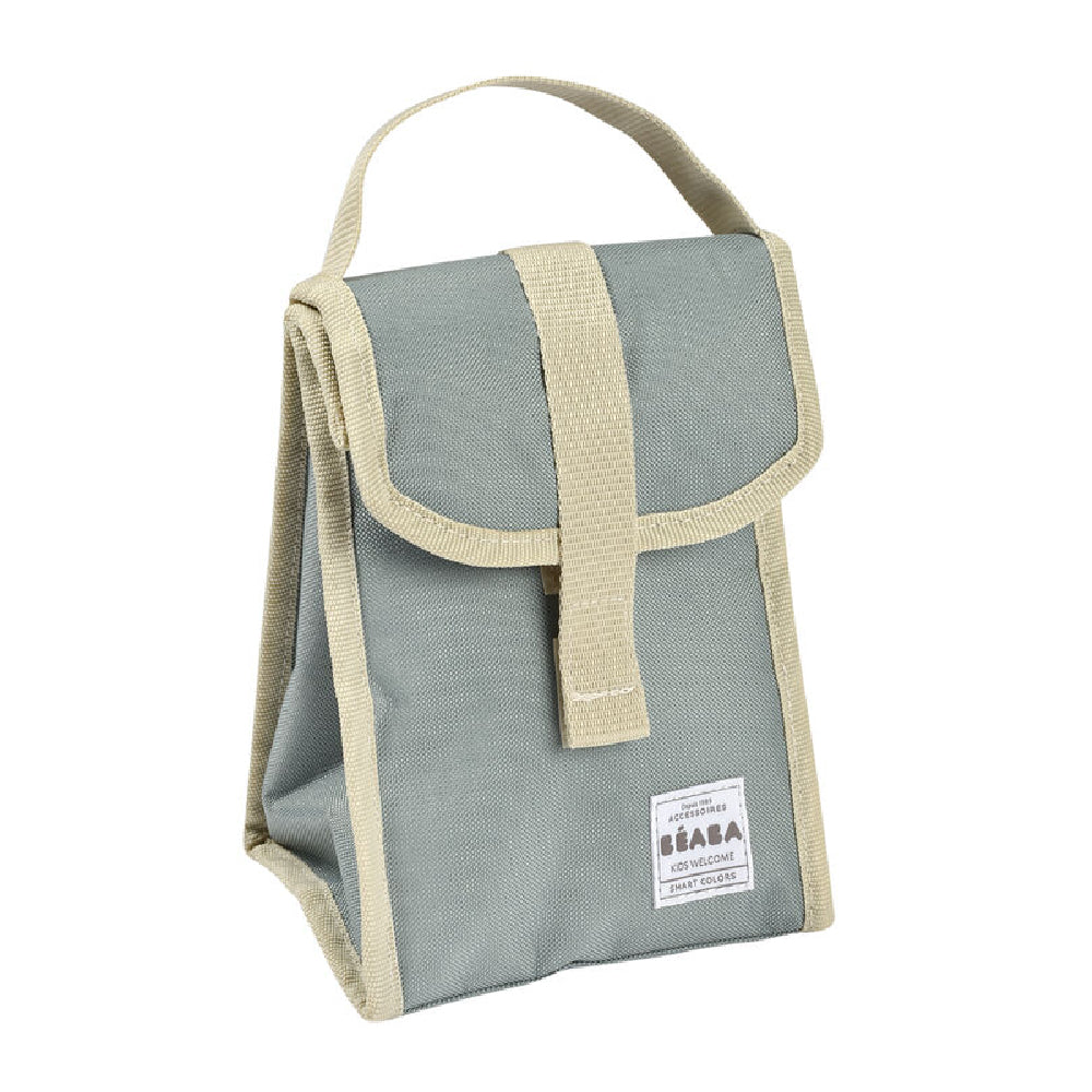Gray lunch bag with beige strap on a white background