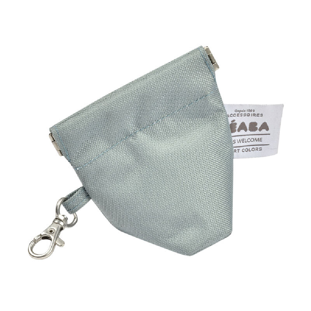 Light blue triangular pouch with a keychain on a white background