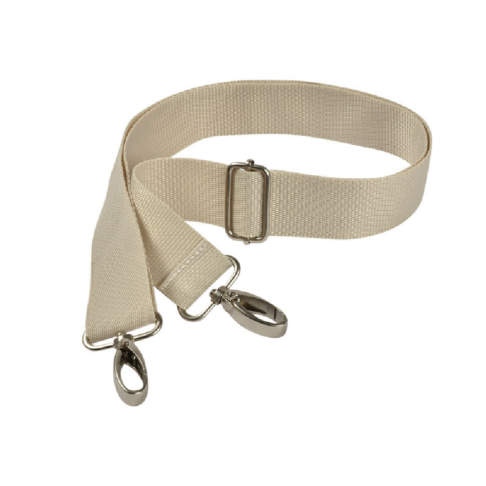 Beige strap with metal buckle and hooks on a white background