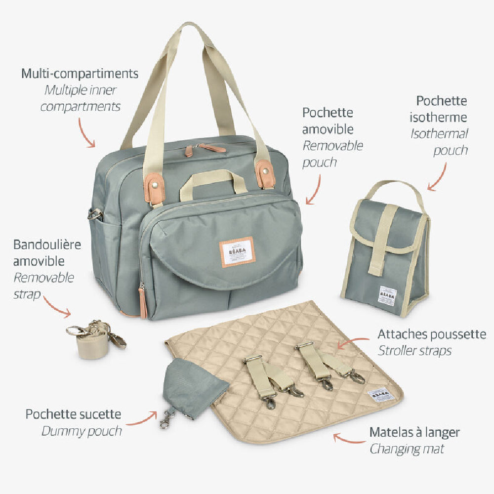 Diaper bag set with multiple compartments and accessories on a white background