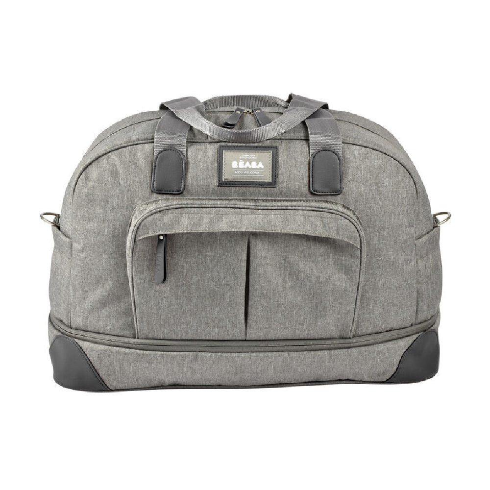 Gray duffel bag with a visible brand logo on a white background