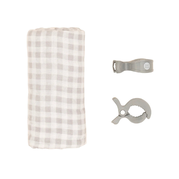 Checkered pouch with a clip and strap on a white background