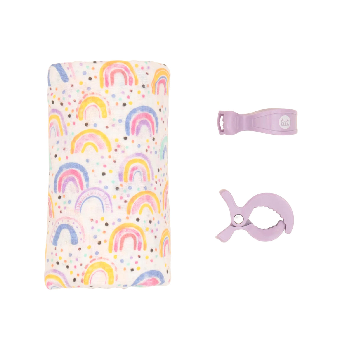 Baby bottle holder with rainbow pattern and accessories on a white background