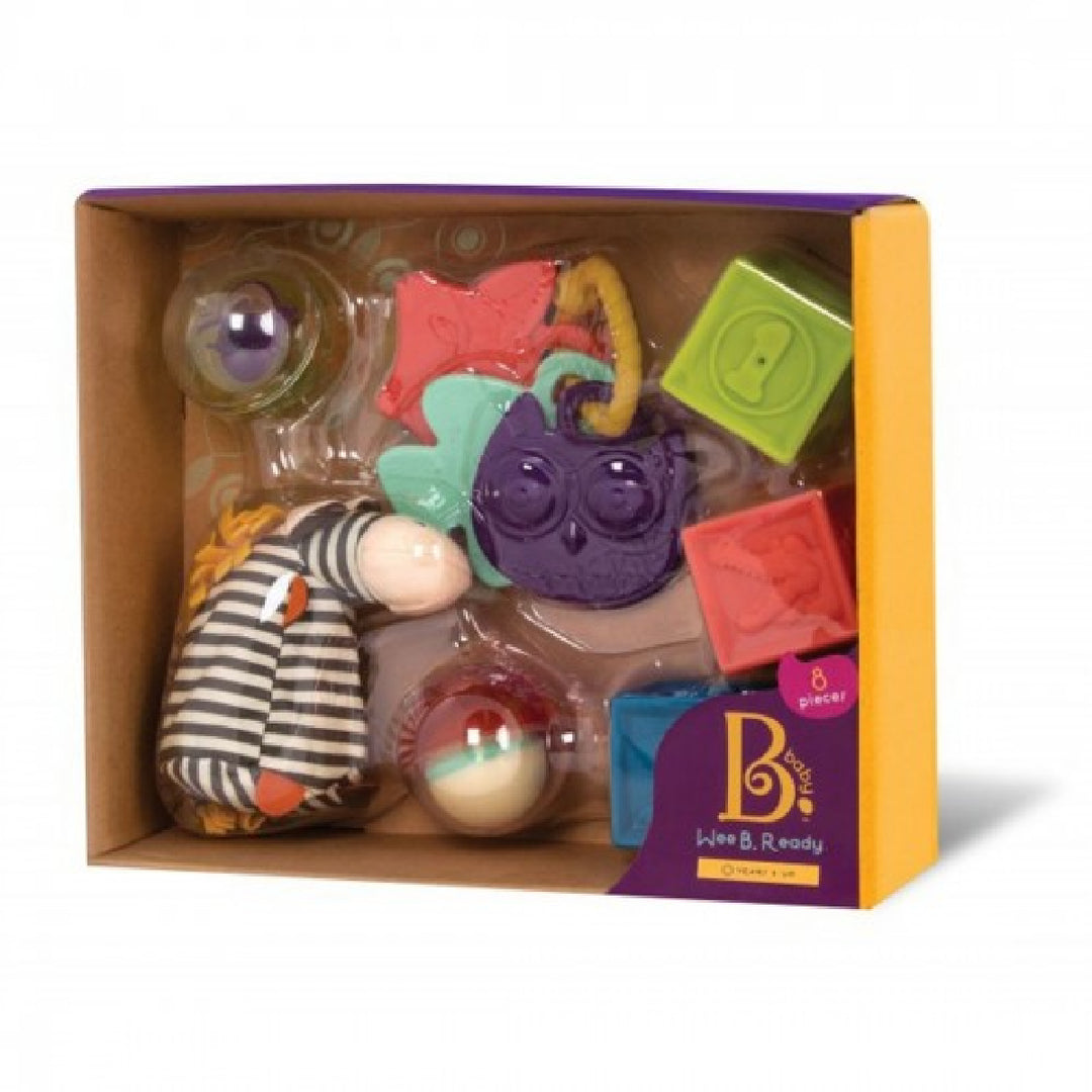 Colorful baby toy set in a B. toys packaging on a white background