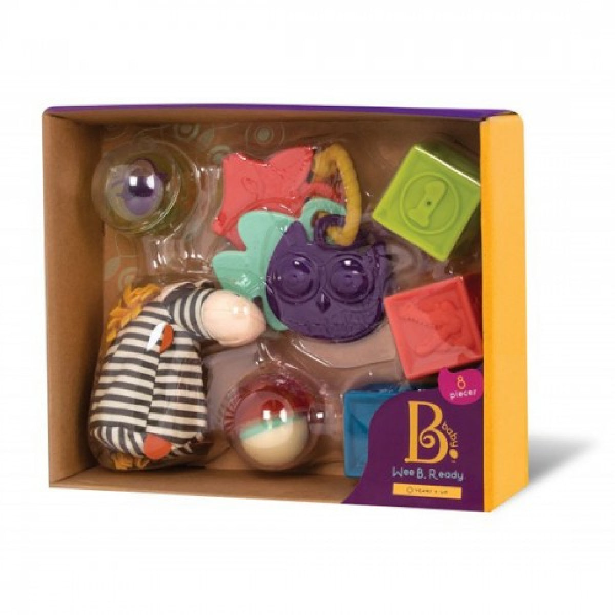 Colorful baby toy set in a B. toys packaging on a white background