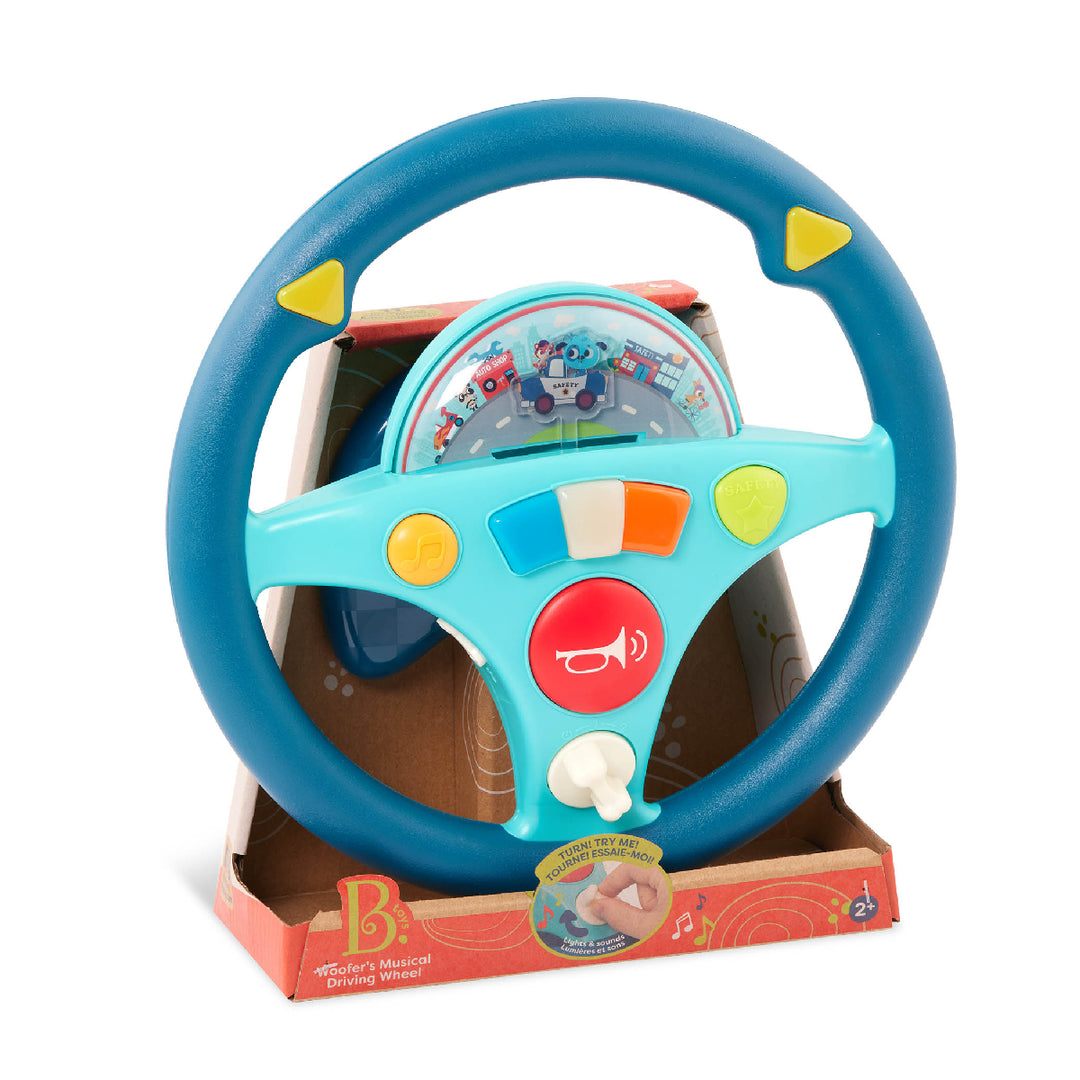 Toy steering wheel with colorful buttons on a white background