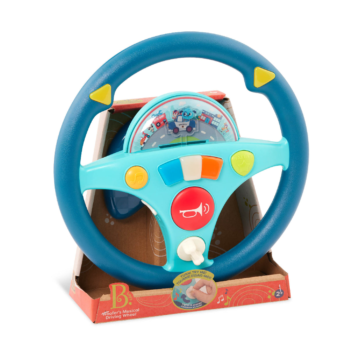 Toy steering wheel with colorful buttons on a white background