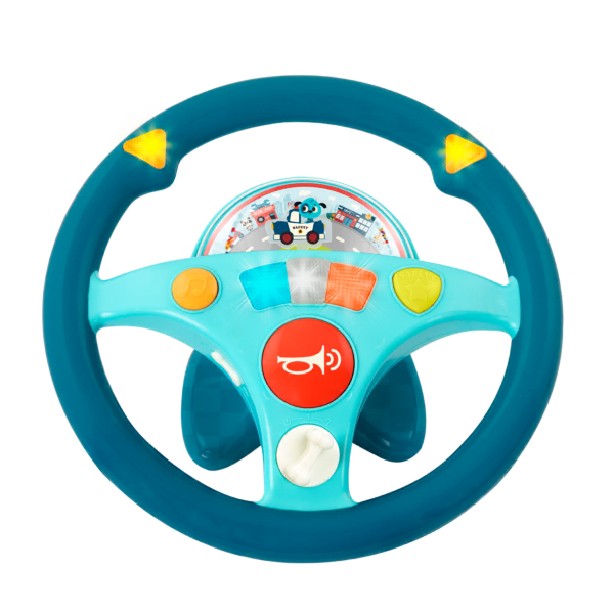 Toy steering wheel with colorful buttons on a white background