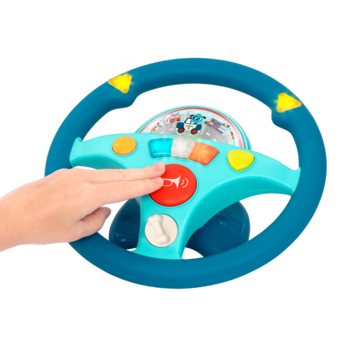 Toy steering wheel with colorful buttons and a hand pressing a red button on a white background
