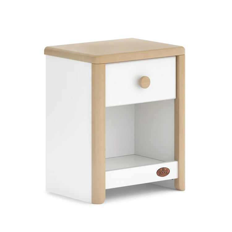 Small nightstand with a white drawer and wooden frame on a white background