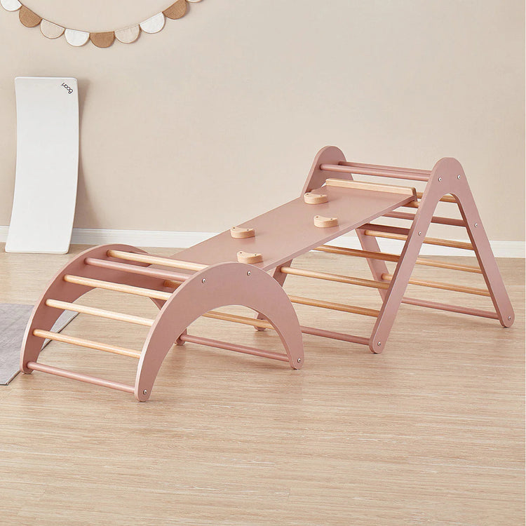 Wooden climbing toy with steps on a wooden floor