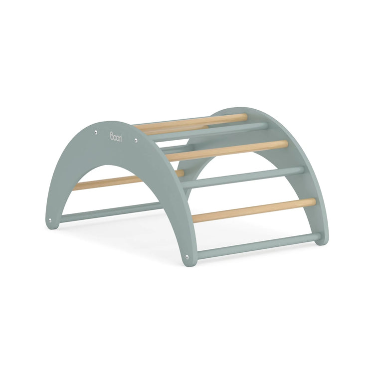 Children's toy with curved design and wooden bars on a white background