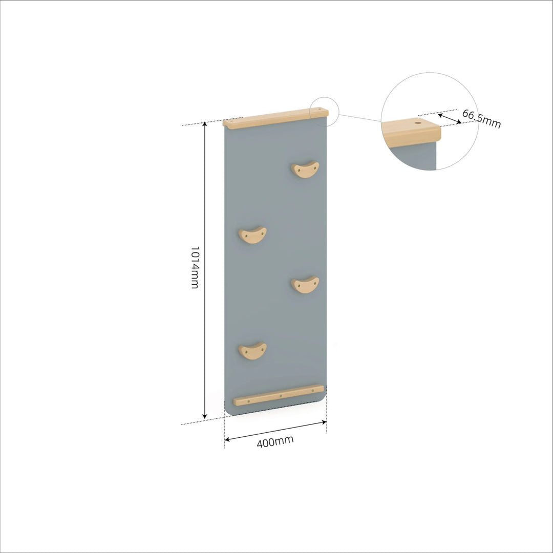 Measurement chart of a gray panel with wooden accents on a white background