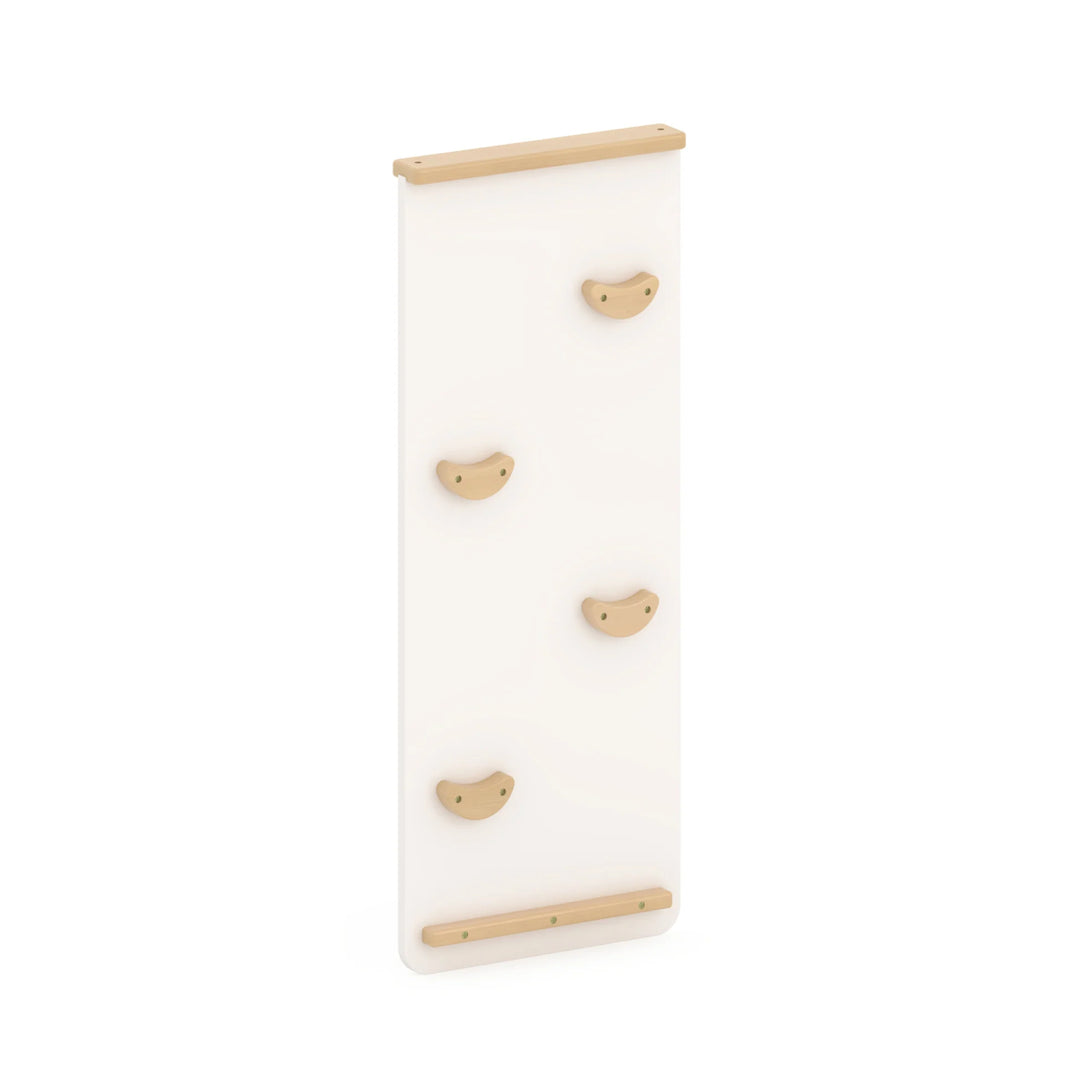 White wall climbing toy with wooden steps and footholds on a white background