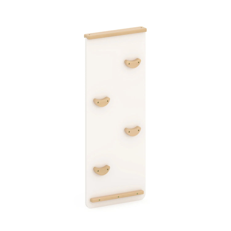 White wall climbing toy with wooden steps and footholds on a white background