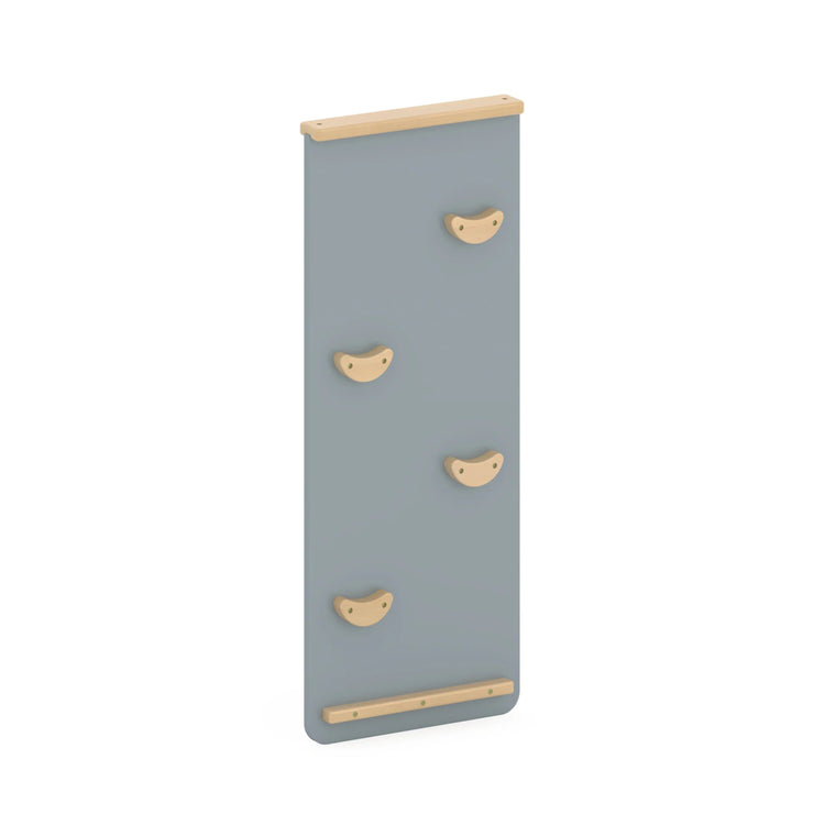 Gray wall-mounted coat rack with gold hooks on a white background