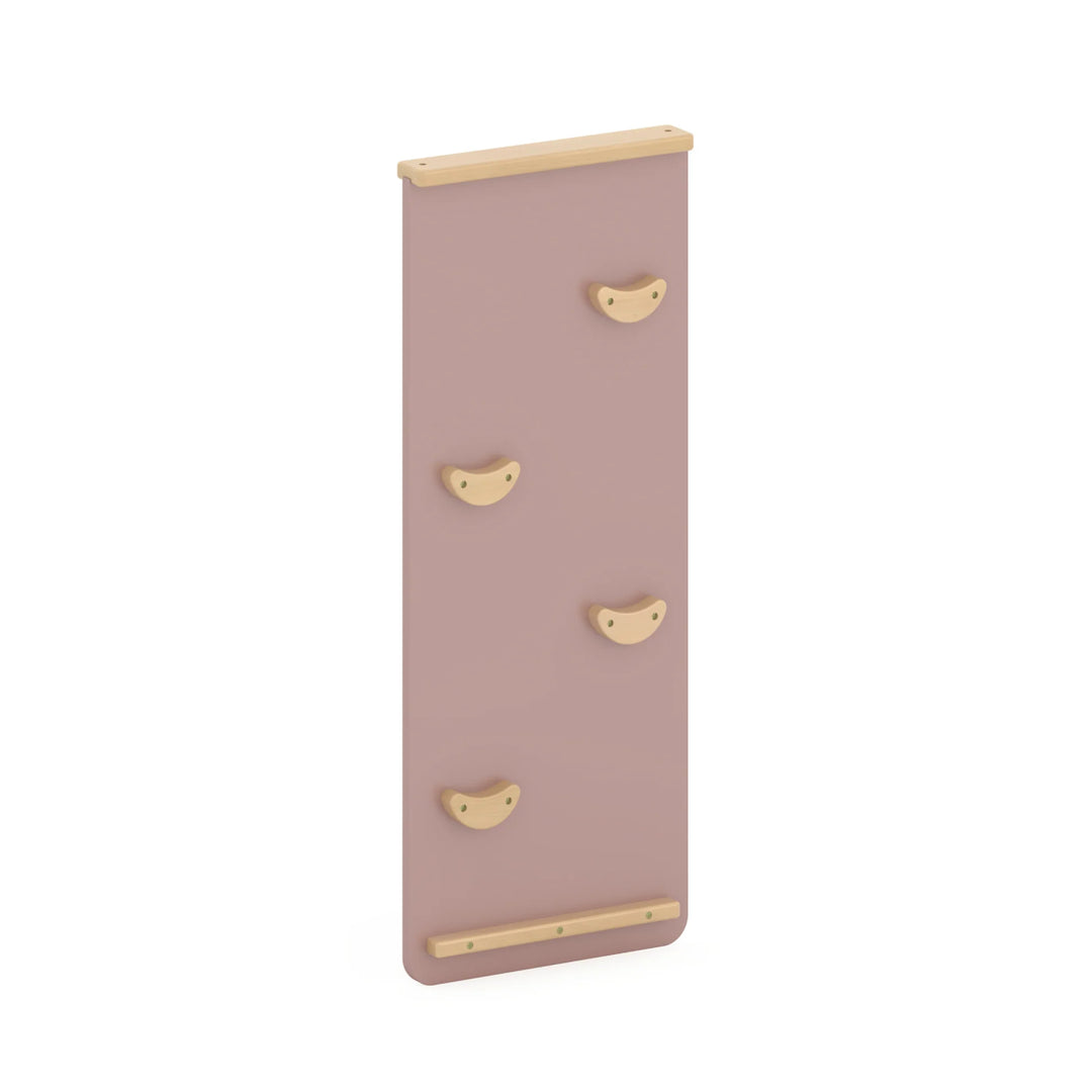 Pink wall-mounted coat rack with gold hooks on a white background