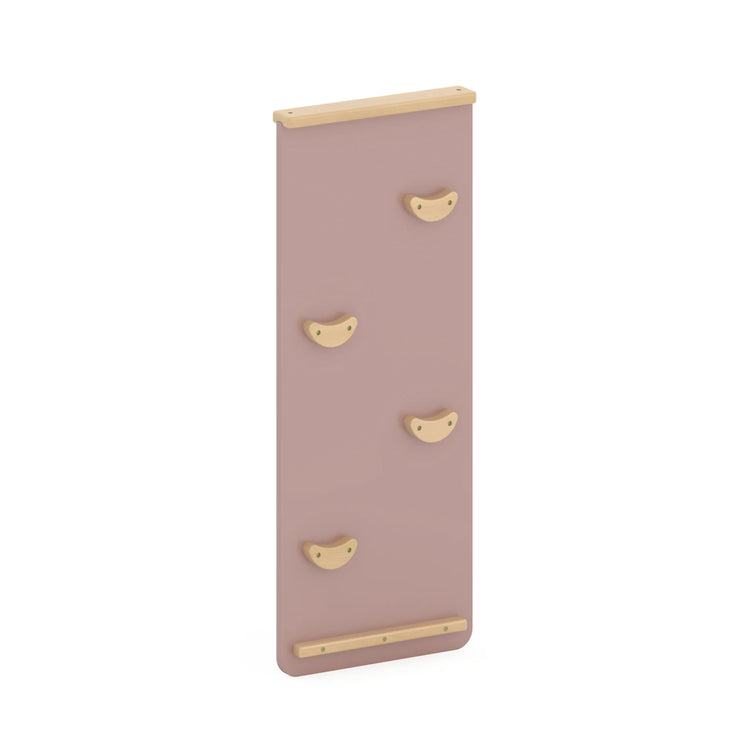 Pink wall-mounted coat rack with gold hooks on a white background