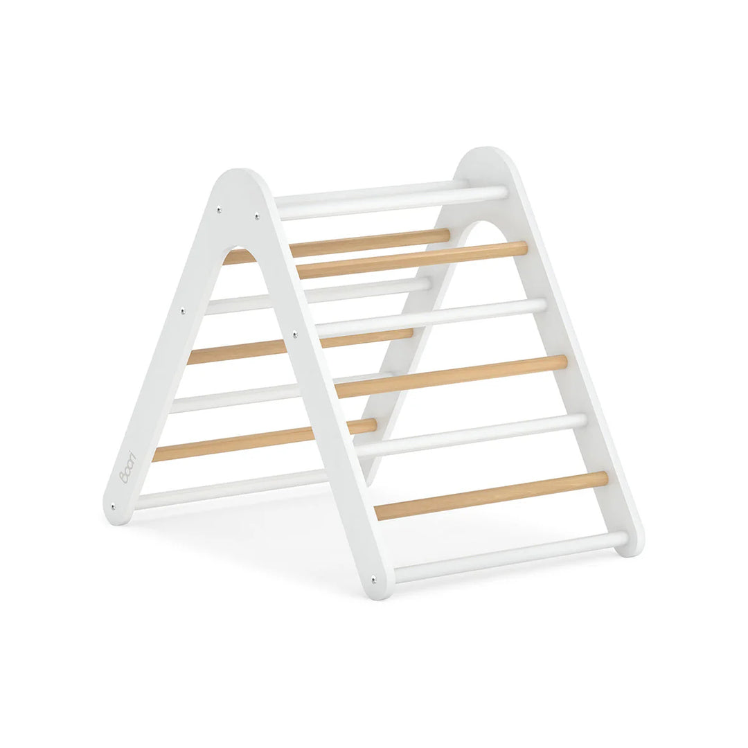 White and wooden children's play pyramid structure on a white background