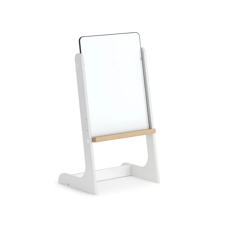 White standing mirror with a wooden base on a white background