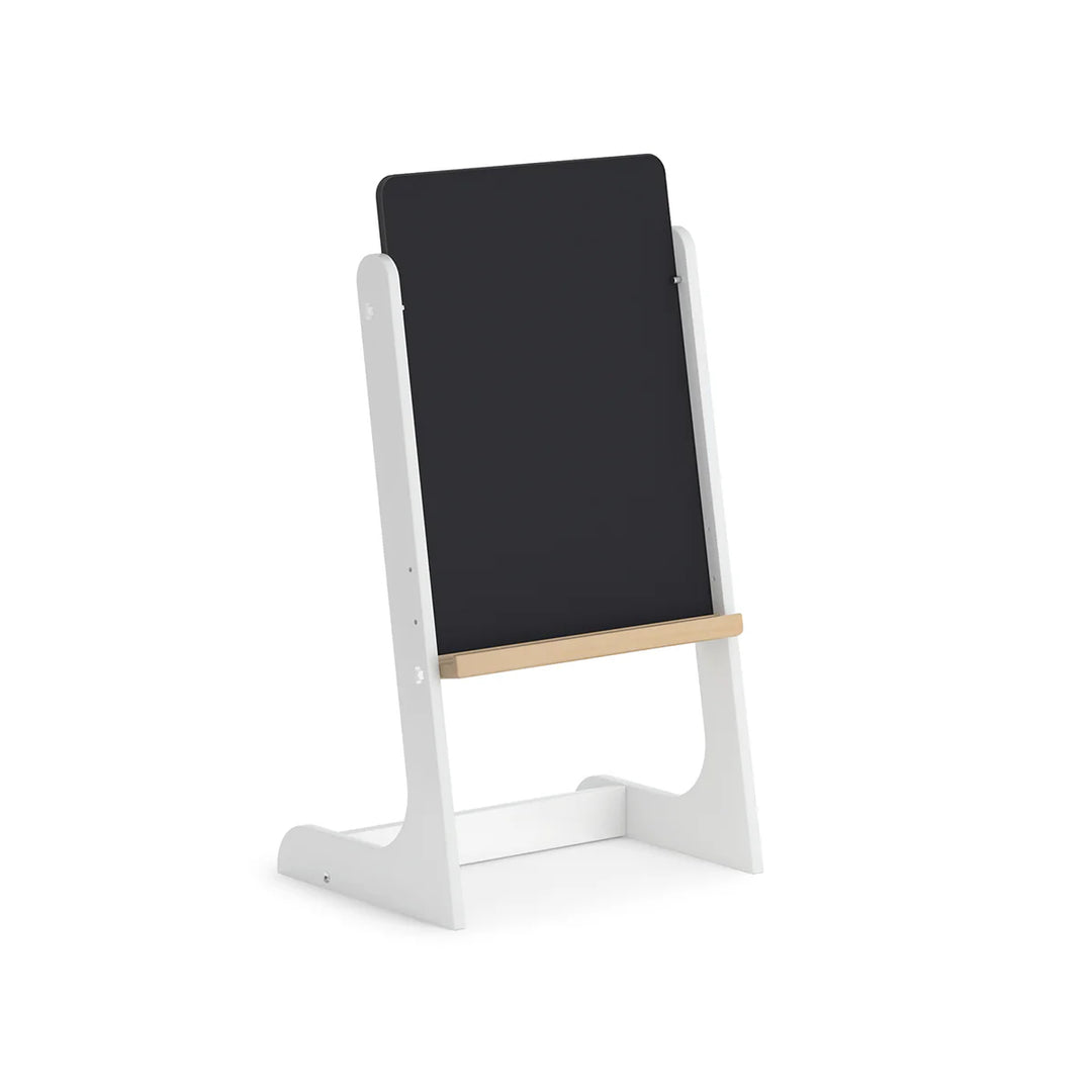 Blackboard with white frame and wooden base on a white background