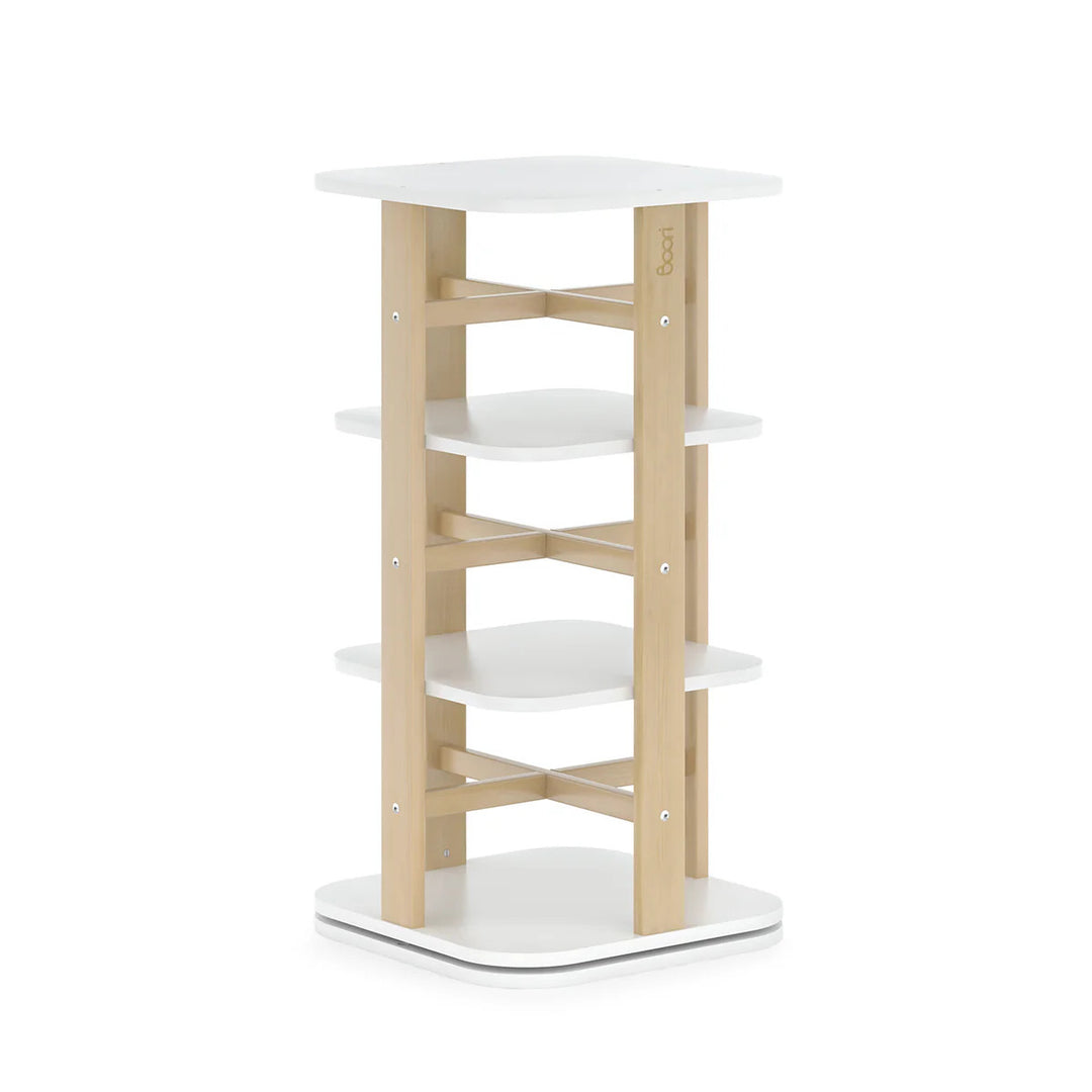 Wooden shelf with white shelves on a white background
