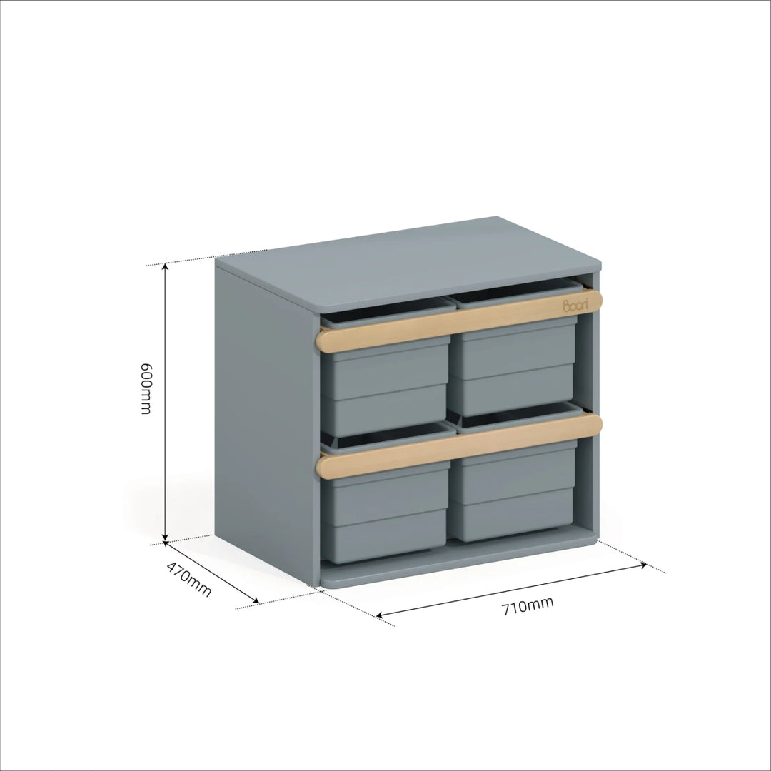 Gray storage unit with drawers and dimensions on a white background