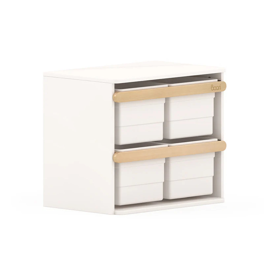 White storage unit with wooden shelves on a white background
