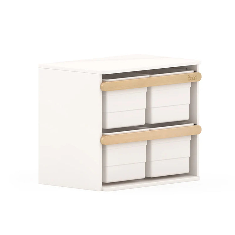 White storage unit with wooden shelves on a white background