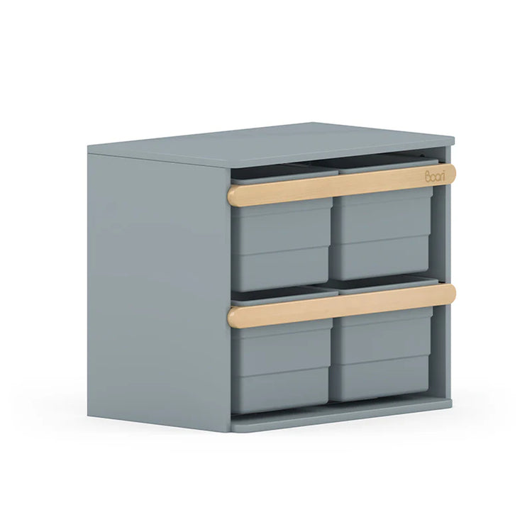 Gray storage unit with three drawers and wooden handles on a white background