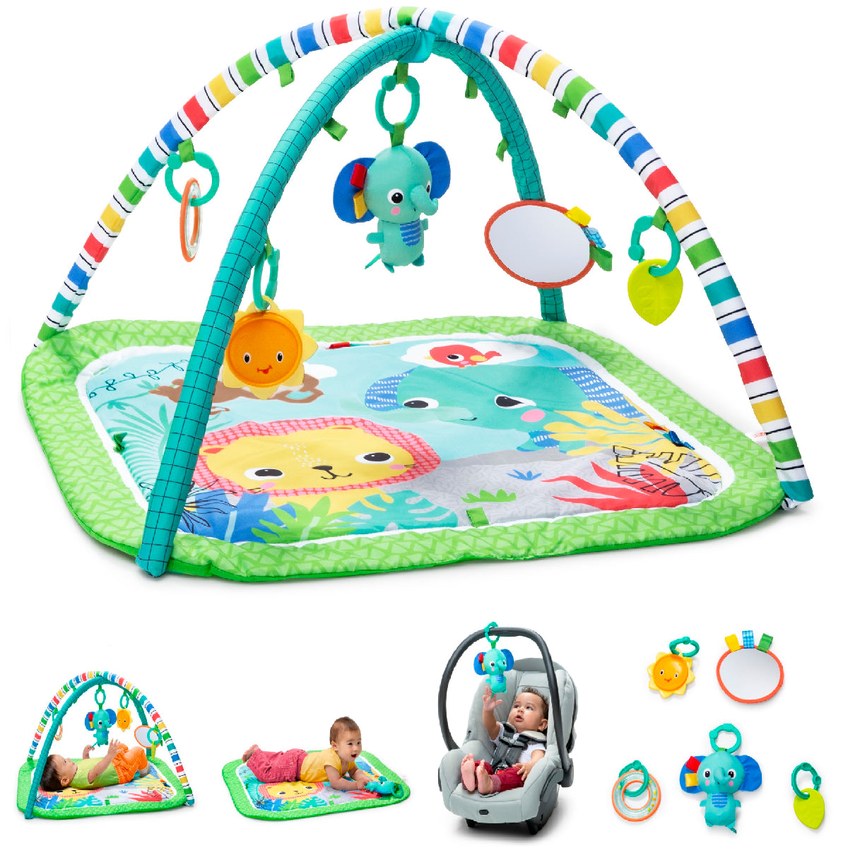 Baby play gym with colorful arch and mat featuring animals, surrounded by additional baby toys.
