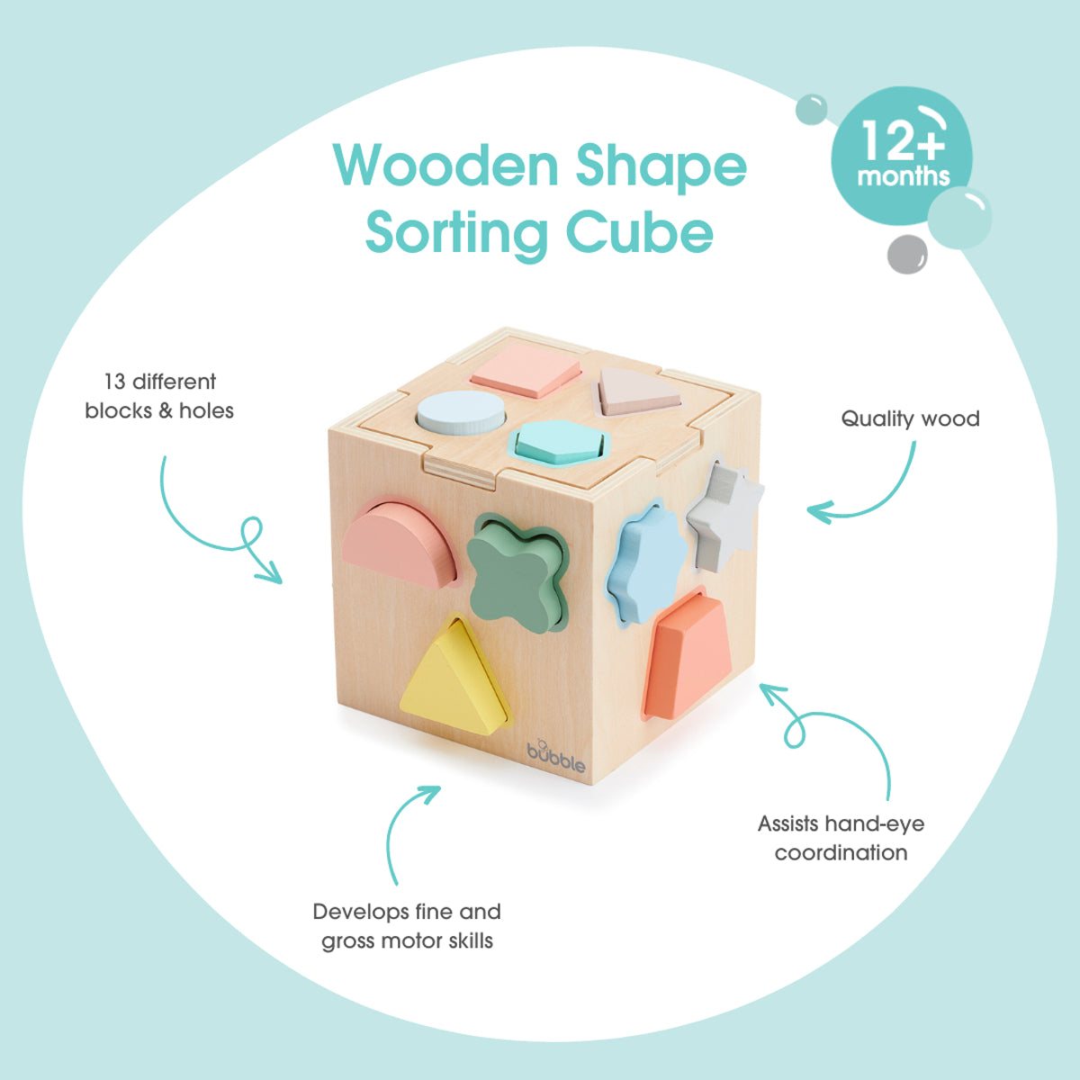 Wooden shape sorting cube with colorful shapes on a light blue background