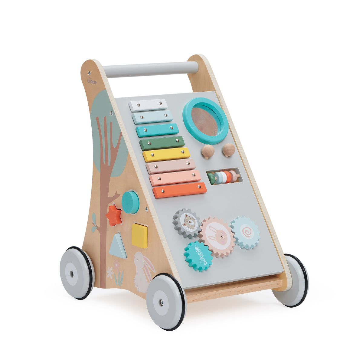 Children's wooden activity walker with colorful buttons and wheels on a white background
