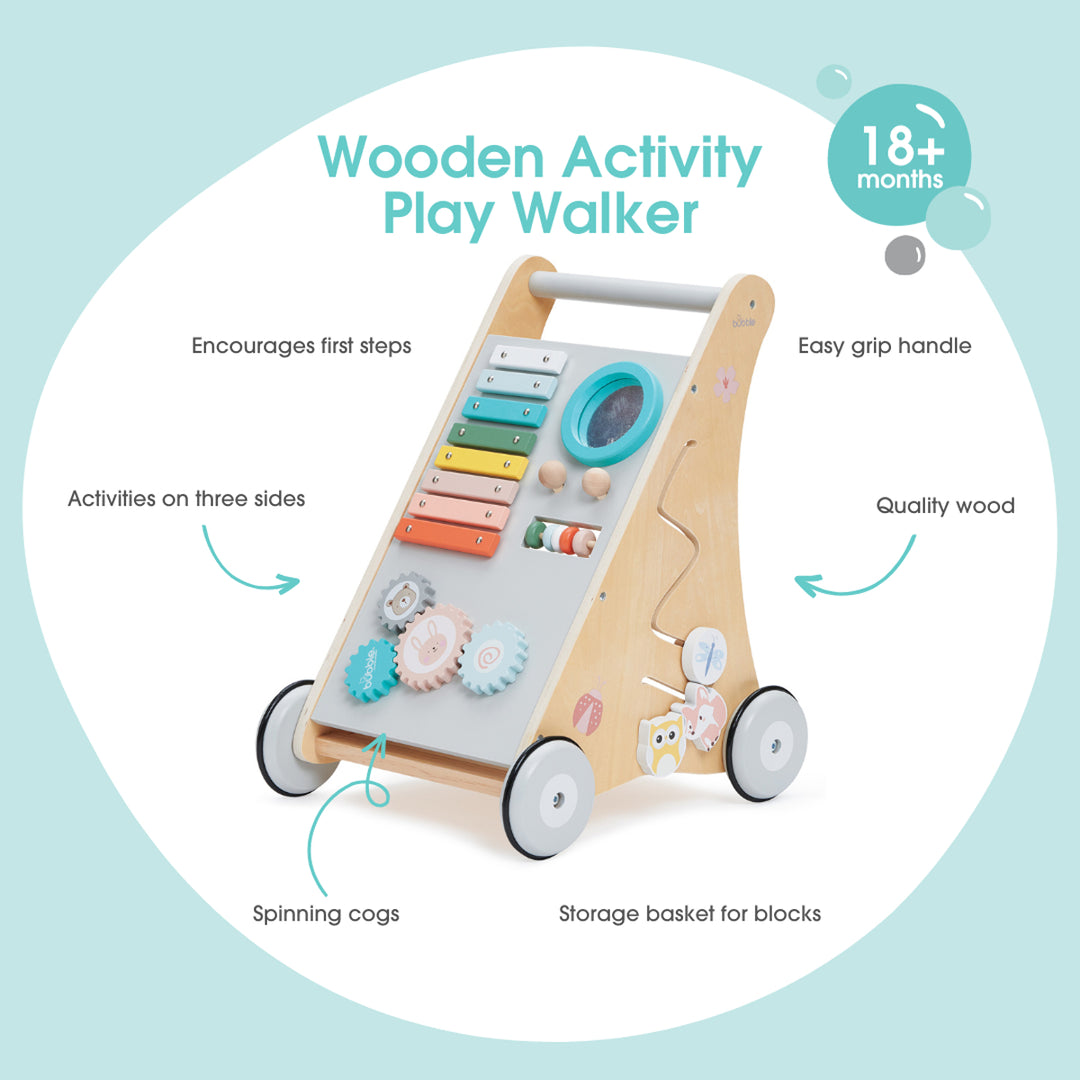 Wooden activity play walker with features listed on a light blue background