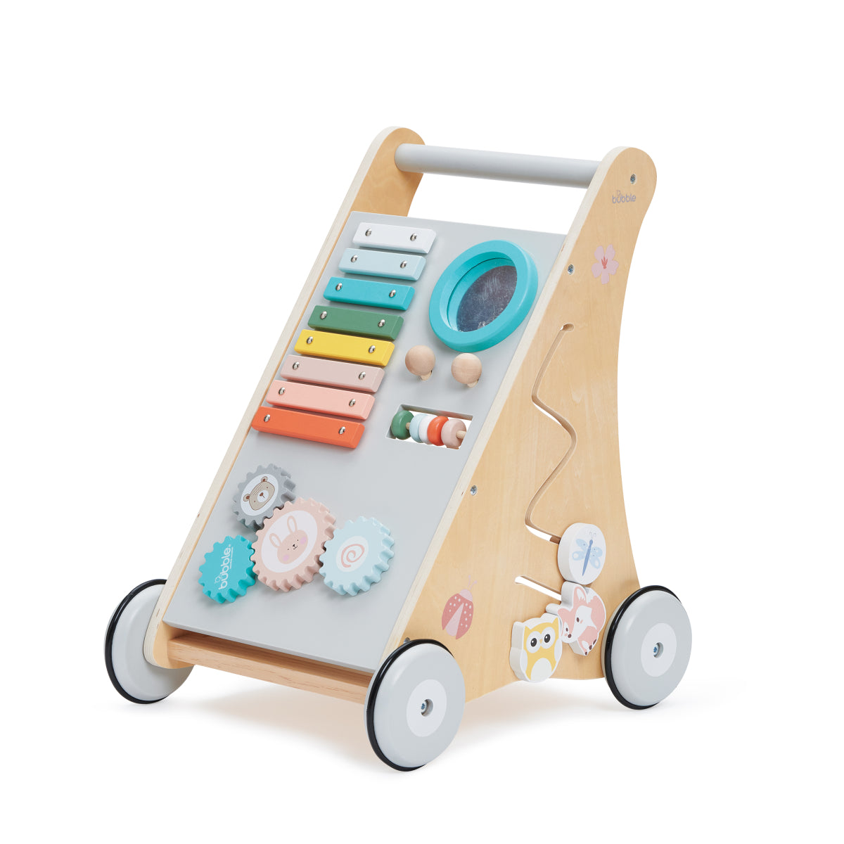 Wooden children's activity walker with colorful buttons and wheels on a white background