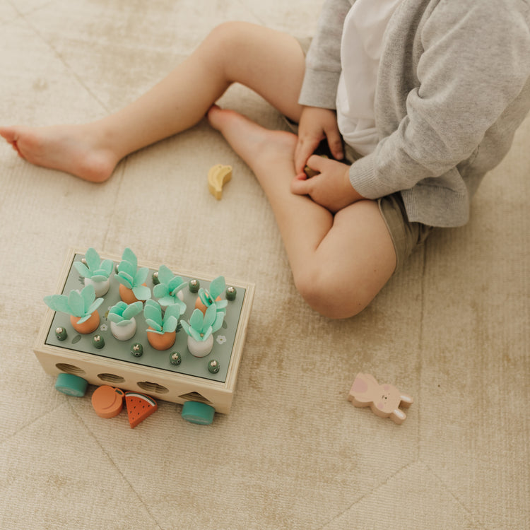 Child playing with a wooden toy on a beige carpet
