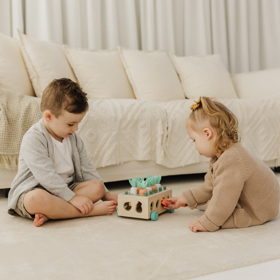 Two children playing with a toy on the floor in a living room.