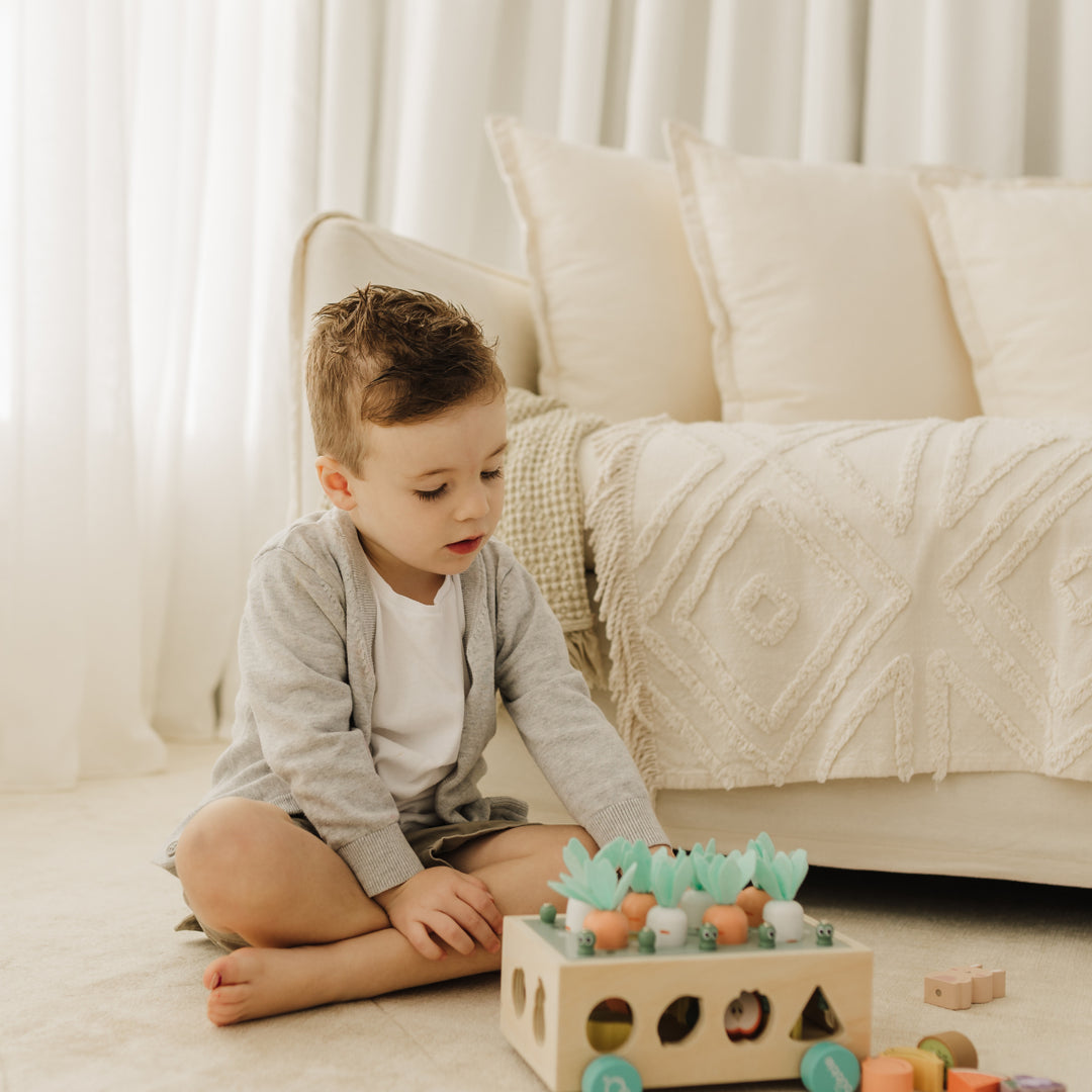 Child playing with a shape sorter toy in a cozy living room.