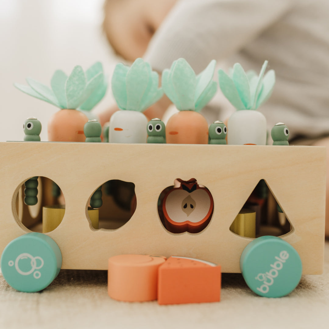 Wooden shape sorter toy with colorful shapes and a blurred background